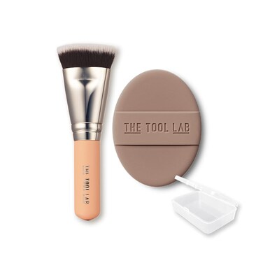 All Day Fitting Duo (Glow type) by THE TOOL LAB - Premium Base Makeup Set with Foundation Brush, Sponge, Portable Case for Dry Skin Type