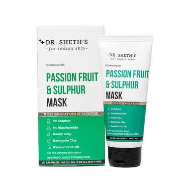 Dr. Sheth's Passion Fruit &amp; Sulfur Anti Acne Facial Mask   Exfoliating &amp; Skin Purifying   Controls Sebum &amp; Soothes Redness   with Bentonite &amp; Kaolin Clay   1.76 Oz / 50 g