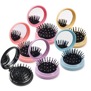6PCS Folding Travel Mirror Hair Brushes Portable Pocket Round Mini Hair Brush Small Purse Massage Hairbrush Comb Makeup Mirror for Women and Girls, Gym, Trip, School Camping