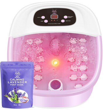 Foot Spa Bath Massager with Heat Bubbles and Vibration Massage and Jets, 16 OZ Calming Lavender Foot Soak Epsom Salt, Foot Soaker with Red Light, 22 Massage Rollers, Adjustable Temp - Pink