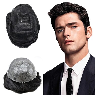 Full Poly Skin Hair Replacement System for Men 0.10mm Clear PU Mens Toupee Durable Toupee for Men Injection PU Hair Units Natural Hairline Hairpiece Hair Patch 8X10"-120% Density-#1B Natural Black