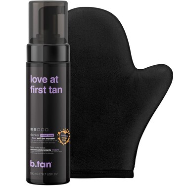 b.tan Violet Self Tanner Kit   Fall In Love at First Tan Bundle - Dark Tanning Mousse w Mitt Applicator, 1 Hour Express Foam, Best Bronzing Glow, No Orange Tones or Fake Tan Smell, Vegan, 6.7 Fl Oz