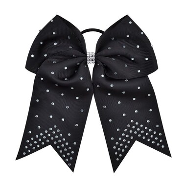 7 Inches Rhinestone Hair Bows Elastic Hair Tie Ribbon Large Cheer Bow Ponytail Holder Hair Band for Women Girls Kids Teens (Black)