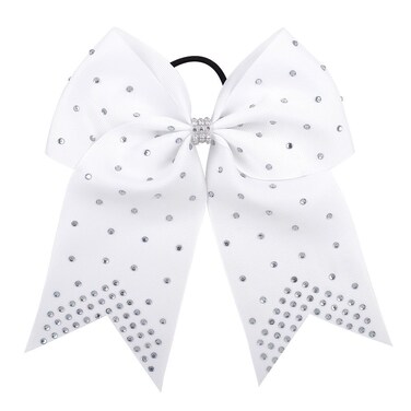 7 Inches Rhinestone Hair Bows Elastic Hair Tie Ribbon Large Cheer Bow Ponytail Holder Hair Band for Women Girls Kids Teens (White)