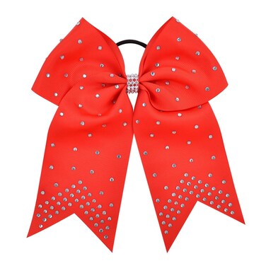 7 Inches Rhinestone Hair Bows Elastic Hair Tie Ribbon Large Cheer Bow Ponytail Holder Hair Band for Women Girls Kids Teens (Red)