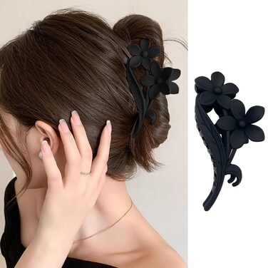 Black Flower Hair Clips, 1Pcs Large Matte Hair Claw Clips with Twin Flower Design Hawaiian Hair Accessories Strong Hold Jaw Clips Non Slip Shark Hair Clamp Clips Hairpins Hair Barrette for Women Girls