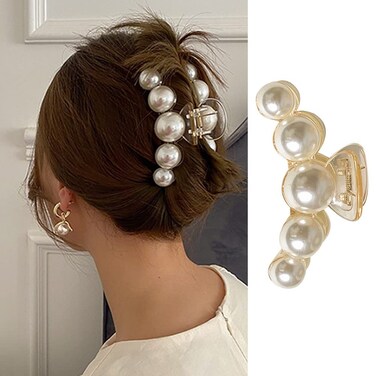 Women's Strong Hold Pearl Hair Claw Clips - Nonslip Champagne Banana Clips for Thick/Thin Hair Styling and Daily Use