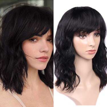 WIGNEE Women's Natural Black 12 Inch Wavy Human Hair Wig with Bangs