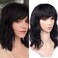 WIGNEE Women's Natural Black 12 Inch Wavy Human Hair Wig with Bangs