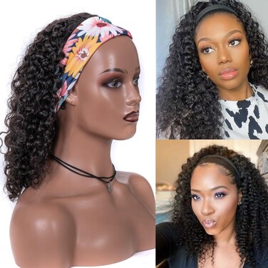 12 Inch Headband Wig Human Hair Jerry Curly Headband Wigs for Black Women Glueless None Lace Front Wig Full Machine Made Curly Wave Headband Wigs Natural Color (curly Headband Wigs)