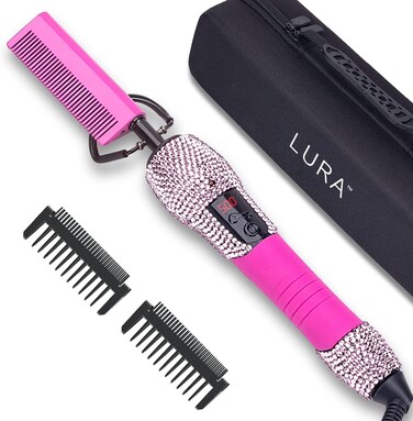 LURA Pink 180-500&deg;F Hot Comb Electric for Wigs, Straightening for African American Hair,Pressing for Natural Black, Bling Diamonds Straightener Brush for Women Thick Hair&hellip;