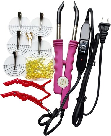 Fusion Hair Extension Tools Connector Wands Install Fusion Flat K Tip Human Hair Keratin Extension Melting Tool Kit For Pre-Bonded Flat Tip Scalp Protectors Teflon Heating Plate Pink