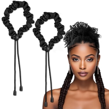 2Pcs Afro Puff Ponytail Ties Adjustable Hair Ties Satin Hair Scrunchies Long Hairband Afro Hair Accessories for Thick Hair Dreadlock Natural Hair Ties Curly Hair Bun