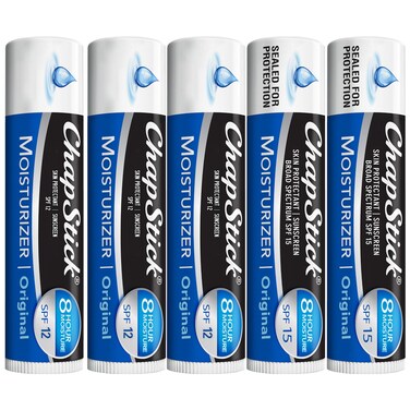 ChapStick Moisturizer 2-in-1 Lipcare 5-Pack (SPF 12 &amp; 15) &ndash; Original Lip Balm with Broad Spectrum SPF, Aloe &amp; Vitamin E, 0.15 Oz Ea