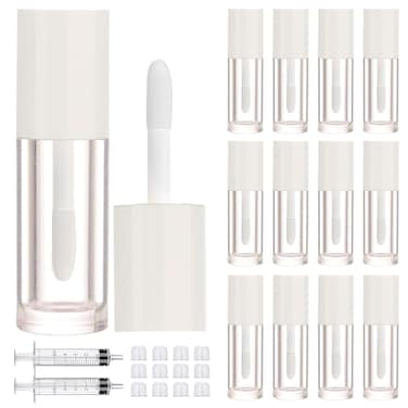 12pcs 2.5ml Empty Lip Gloss Tubes with Wand Cute Lip Gloss Containers Refillable Cosmetic Lip Balm Tubes Lip Gloss Supplies Kit + 2pcs Syringes (White)