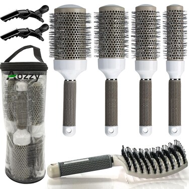 Round Brush Set for Blow Drying, with Boar Bristle Vented Curved Detangling Hair Brush, Thermal Ceramic &amp; Ionic Tech Reduce Frizz Hair, Makes Hair More Smooth and Shiny for Curling &amp; Straightening