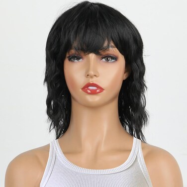Short Wavy Bob Wig with Bangs for Women Black Mullet Wig 80s 90s Shaggy Layered Wigs for Women, Short Curly Bob Wigs with Bangs Synthetic Shoulder Length Wigs for Party Use(1B#)