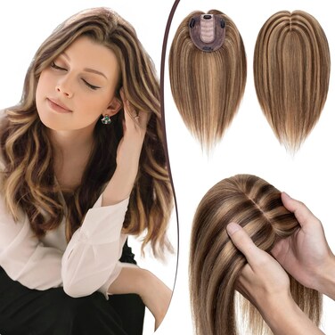 SEGO Clip in Hair Topper For Women, No Bangs Remy Human Hair Toppers Silk Base Top Wiglet Hairpieces for Hair Loss Thinning Hair Cover Grey Hair 4 Clips