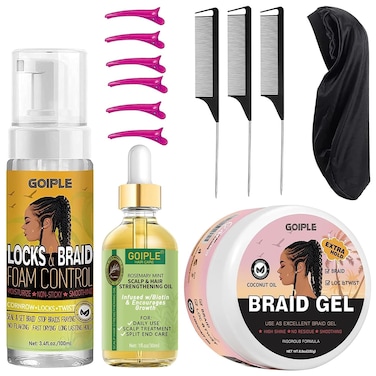Extra Hold Styling Gel and Mousse for Braids, Twists, Locs, Cornrows - Frizz Taming, Smoothing &amp; Edge Control with Rosemary Hair Growth Oil (Bonus: Hair Combs, Bonnet, Clips)
