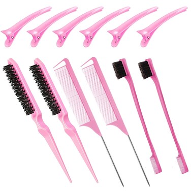 Goiple Hair Styling Brush Set, 12 Pieces Nylon Teasing Hair Brush Rat Tail Comb with Duckbill Clips, Double Sided Edge Brush for Edge &amp; Back Brushing, Combing, Slicking Hair for Women Girls (Pink)