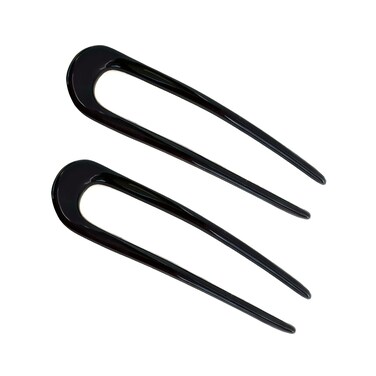 Parcelona French U Shaped Prong Black Large 4 3/4" Celluloid Made in France Set of 2 No Metal Chignon Hair Pin Sticks for Girls and Women