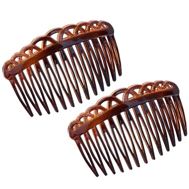 Parcelona French Crown Tortoise Shell Brown Small 2 3/4" Celluloid Set of 2 Flexible 13 Teeth Side Hair Combs for Women and Girls, Made in France