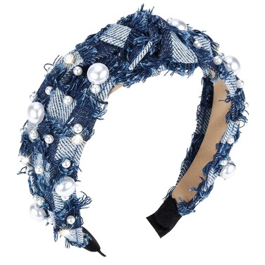 PLwelth Denim Pearl Headband for Women Girls Kids Knotted Headband Sparkle Rhinestone Jeweled Knotted Headband Non Slip Embellished Wide Top Knot Hairband for Thin Thick Long Short Hair Accessories