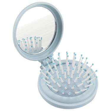Mini Blue Folding Hair Brush with Mirror for Travel and Purse