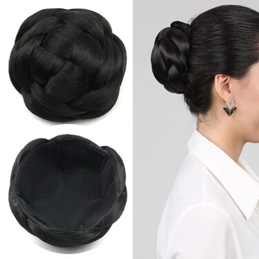 Synthetic Hair Chignon Scrunchie Natural Hair Braided Bun Donut Hairpieces Clip in Hair Bun Extensions Updo Space Bun for Women Beauty (Black)