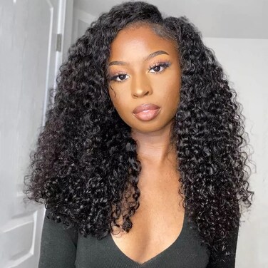 ISEE V Part Human Hair Afro Curly Minimal/No Leave Out Upgrade U Part Wig for Black Women Human Hair V Shape Wig Kinky Curly Thin Part Glueless Clip In Half Wig 180% Density Natural Color 16 Inch