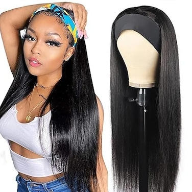 ISEE 10A Headband Wig Straight Human Hair Wigs for Black Women 180% Density Brazilian Virgin Hair Machine Made Headband Wig Non Lace Front Human Hair Wigs 16 inch