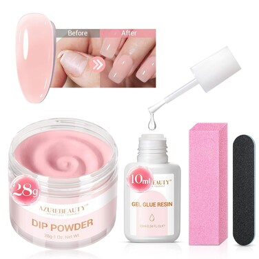 AZUREBEAUTY Nail Repair Kit for Broken Cracked Split Weak Nails, Emergency Easy Quick Fix Crystal Jelly Pink Transparent Dip Powder 28g /1 Oz Quick-Drying Repair Glue 10ml with Nail File &amp; Nail Buffer