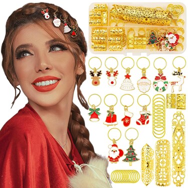 78pcs Hair Jewelry Dreadlock Accessories For Women Braids,Men Beard, Christmas Hair Ornaments Santa,Deer Elk Gloves Bell,Hair Clips Cuffs Wraps Beads Decorations