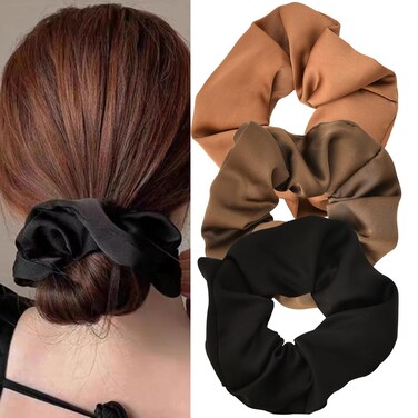 Silk Hair Scrunchies for Women Girls Satin Scrunchies Ribbon Hair Bobbles Ponytail Holders for Girls Soft Hair Rubber Bands for Womens Brown Elastic Hair Ties 3 Pcs