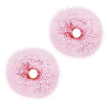 Lusofie 2Pcs Pink Pompom Hair Tie Furry Faux Rabbit Fur Fuzzy Scrunchies Pink Fuzzy Hair Ties Baby Hair Ties Ponytail Holders Pom Hair Accessories for Girl Women