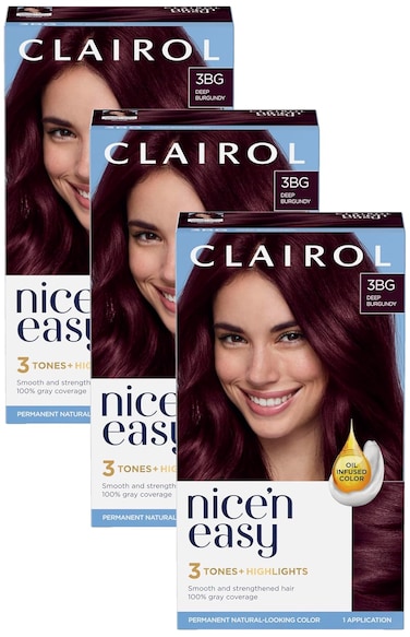 Clairol Nice'n Easy Permanent Hair Dye, 3BG Deep Burgundy Hair Color, Pack of 3