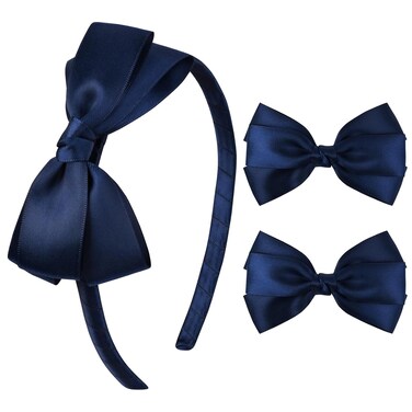 DEEKA Navy Bow Headband &amp; 2 Pcs Satin 4 Inch Hair Bows Set Uniform Hair Accessories Hair Band for Little Toddler School Girls -Navy Blue