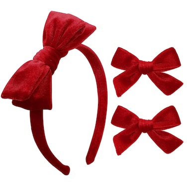 DEEKA Red Velvet Bow Headband &amp; 2 Pcs Velvet Hair Bows Set Velvet Uniform Hair Accessories Hair Band for Little Toddler School Girls -Red