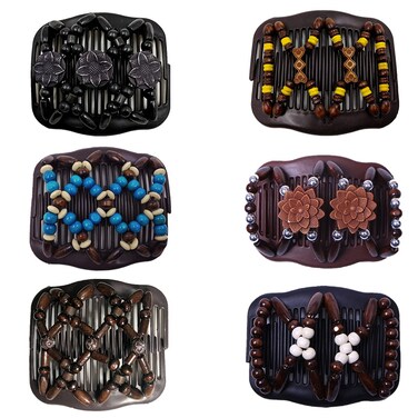 Professional Wooden Comb Ladies Magic Beads Elasticity Cord Rope Clip Double Elastic Hair Clamp Combs Accessories-6pcs