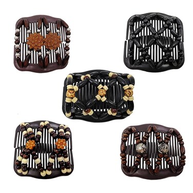 Women Magic Hair Combs Wood Beaded Stretch Double Side Combs Clips Bun Maker Hair Accessories,Pack of 5