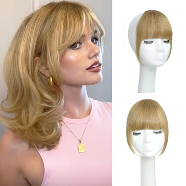 Clip in Bangs 100% Real Human Hair Bangs Hair Clip Fake Bangs,Clip on Bangs for Women Faux Bangs Clip in Hair extensions/Pieces with Hair Roller(5.5 * 6 Inch, Blonde)