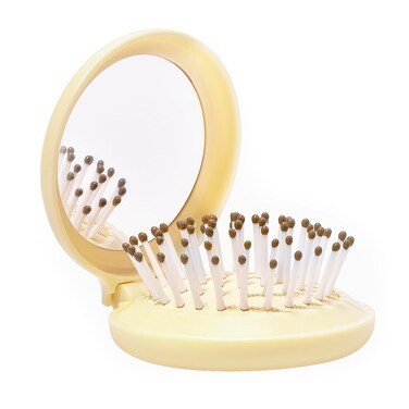 Travel Hair Brush with Small Mirror, Compact Mirror with Mini Brush Kit, Folding Purse Hairbrush for Girls, Mini Hair Brush and Mirror Combo, Stocking Stuffers 2024, Baby Yellow
