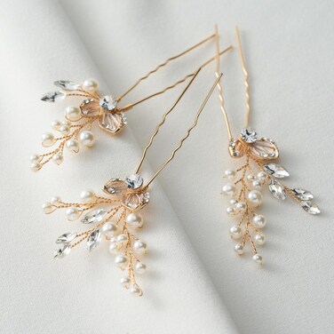 SWEETV Hair Pins, 3Pcs Bridal Hair Accessories Pearl Bride Wedding Hair Pins Leaf Bridal Head Piece Rhinestones Gold Hair Jewelry for Women and Girls