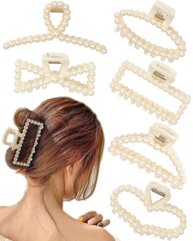 6 PACK Large White Pearl Hair Claws, Strong Hold Non-Slip Jaw Barrettes for Thick Hair, Wedding Styling Gift Accessories for Women and Girls
