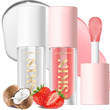 2Pack Non-sticky Lip Oil, Moisturizing Glossy/Shiny Lip Gloss Oil PlumpingTint, Hydrating Lip Gloss Lip Balm, Long Lasting Nourishing Fruit Flavoure Lip Oils(Strawberry + Coconut)