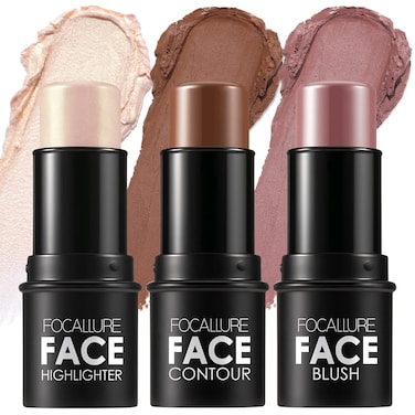FOCALLURE 3 Pcs Cream Contour Sticks,Shades with Highlighter &amp; Bronzer &amp; Blush,Non-greasy Long-wear Face Contouring Pen,Easy to Sculpt the Face and Create a Lightweight Finishing Makeup,NEUTRAL