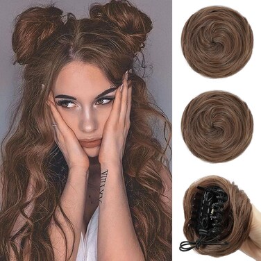 HANYUDIE Space Buns Hair Pieces 2PCS Claw Clip in Hair Bun Mini Bun Hair Scrunchies Extension for Women Girls Brown