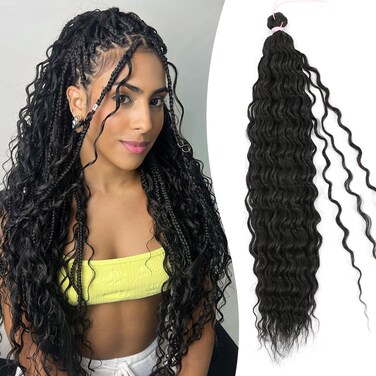 HUA Human Braiding Hair for Boho Braids, 20 Inch Deep Wave Bulk Human Hair Mix Synthetic for Braiding Long Curly Braiding Hair Bulk for Boho Braids 1 Bundle 100g Boho Hair for Braiding Crochet Hair