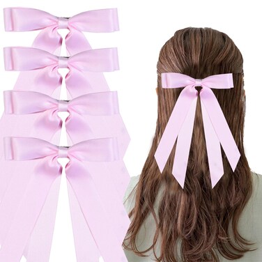 LuSeren 4 PCS Double Layer Hair Bows for Women, Silky Satin hair bow clips with Long Tail, Pink color