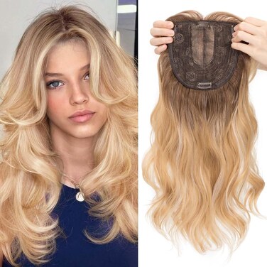 18inch Hair Toppers for Women with Fringe Bang Long Wavy Curly Hair Pieces for Women with Thinning Hair Clip in Hair Topper Highlight Synthetic Wig Add Hair Volume Mixed Blonde with Dark Root